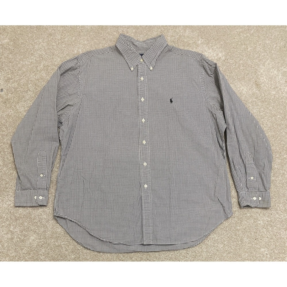 Ralph Lauren Classic Fit Mens 17.5/35 Black White Plaid Long Sleeve Shirt Cotton